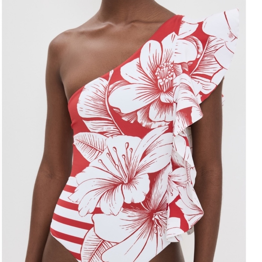 Farm Rio Floral Chains & Stripes One-Shoulder Swimsuit in Red and White Sz S